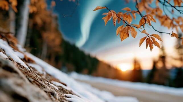 Vibrant autumn leaves catch the ethereal glow of northern lights against a stunning sunset sky, illustrating the beauty of nature's transitions and seasonal changes.