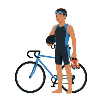Triathlon athlete character with road bike and gear. Professional triathlete in wetsuit with bicycle. Male cyclist vector illustration.
