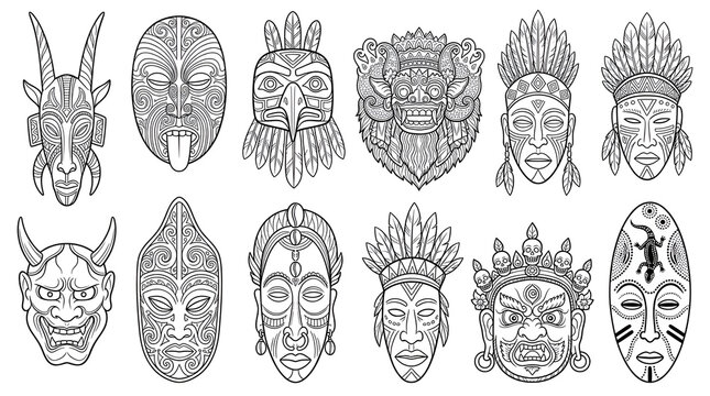 Collection of Ancient Tribal Mask Line Art Illustrations on White Background