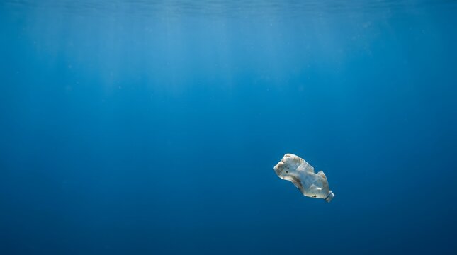 Single piece of plastic waste floating in the deep blue ocean water.