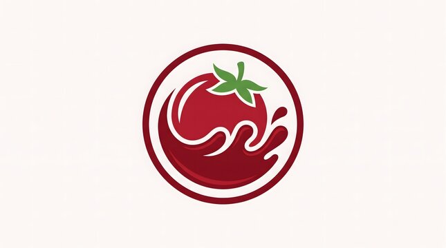 Circular vector logo design representing a fresh red tomato with a dynamic liquid splash or wave, ideal for tomato sauce, ketchup, paste, juice, or organic food brand identity