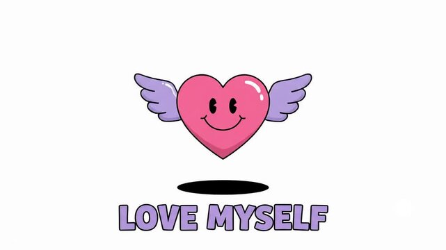 Animated cartoon flying heart with wings and love myself text