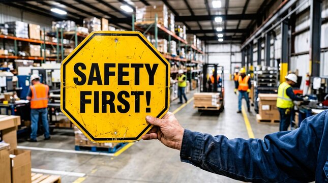 Yellow metallic safety first octagon warning sign held by worker wearing a blue shirt within a busy industrial logistics warehouse