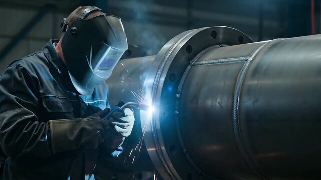 Industrial welder in protective gear welding a large metal pipe flange in a dark workshop with bright blue sparks and dramatic high-contrast lighting.
