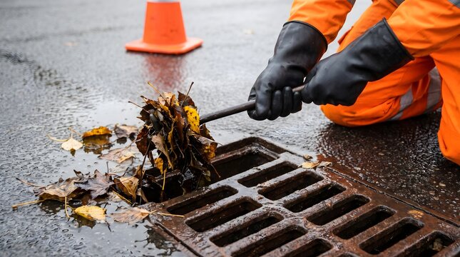 A municipal worker is clearing wet autumn leaves from the street storm drain to prevent flooding