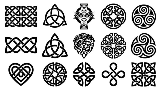 Set of Black Celtic Knot Silhouettes and Triquetra Symbols on White Background