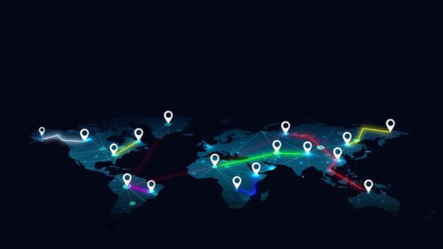blue world map animation with white location pins network connections gps navigation destination pointers graphic element seamless looping video asset 4k resolution