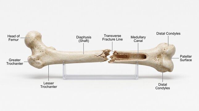 Detailed anatomical diagram of human femur bone structure.