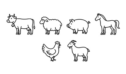 Fototapeta premium Farm animal black outline icon set cow sheep pig horse chicken goat vector