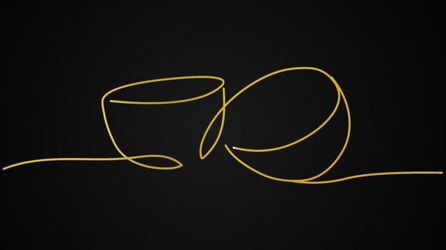 animated single split sliced kiwi fruit cut into half symbol sign hand drawn One continuous line art drawing video, isolated monoline Animated illustration golden outline on black background bg