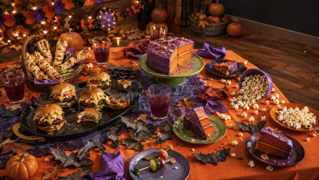 Halloween Party Aftermath with Leftover Cake Burgers Popcorn and Decorations