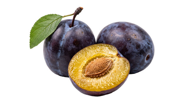 Fresh Purple Plums Whole and Half Slice with Leaf Isolated on Transparent Background
