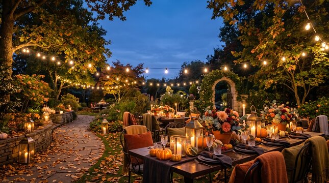 Beautiful autumn garden party setup with decorated dining tables, glowing lanterns, pumpkins, and string lights at dusk