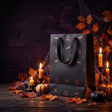 Black Halloween shopping bag with golden print surrounded by pumpkins, candles, and autumn leaves on a wooden table