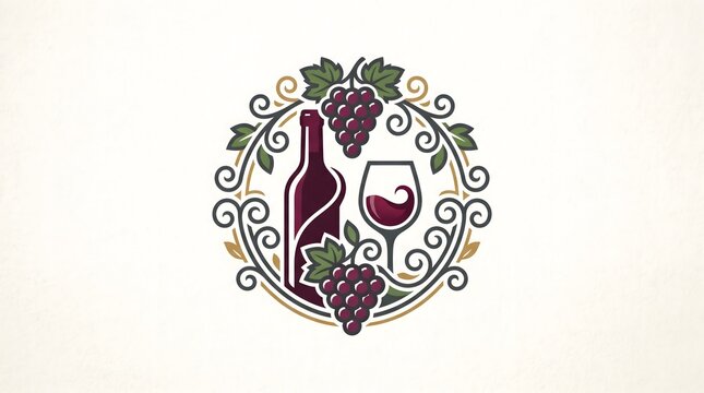 Elegant circular wine logo design featuring a wine bottle, a glass with red wine, and bunches of grapes surrounded by decorative swirling vine ornaments