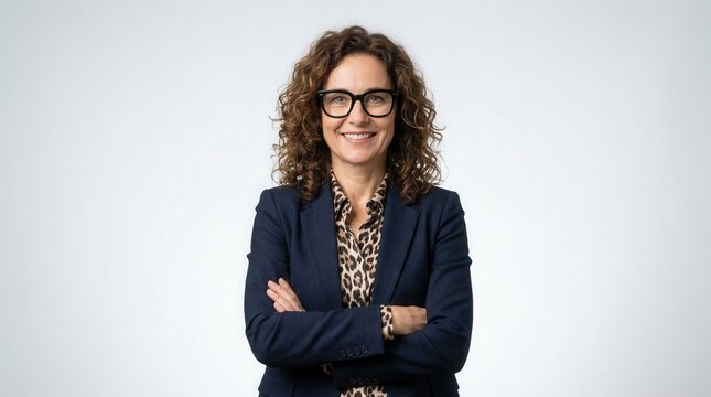 Positive middle age brunette business woman in glasses standing over isolated white background with a happy face.