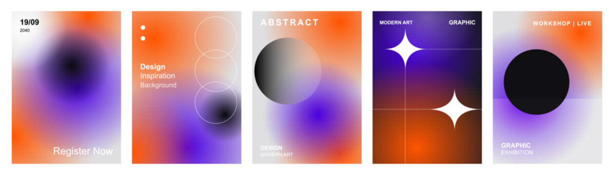 Abstract gradient poster templates set. Vector colorful covers with glowing organic shapes, fluid curves and vibrant orange purple yellow forms on dark backgrounds for modern graphic design.