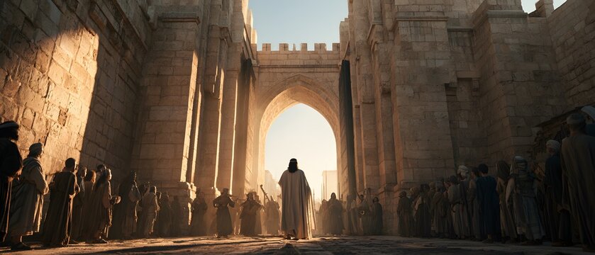 Ancient city gate with a crowd of people and a central figure in robes during a golden sunset