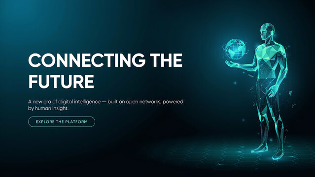 Digital human figure holding a glowing wireframe globe on dark