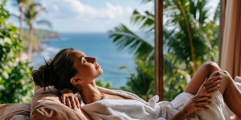 Naklejka premium A relaxed woman in a white bathrobe enjoying the ocean view and tropical breeze on a sunny balcony.