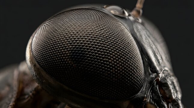 Macro view of insect head showing complex compound eyes with hexagonal patterns that reveal biological structure and natural vision mechanisms found in small flying creatures living in the
