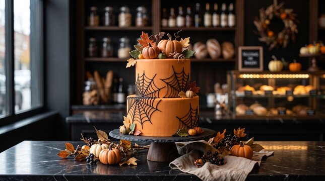 Luxurious two-tier orange Halloween cake decorated with spider webs and pumpkins on a dark marble counter in a bakery