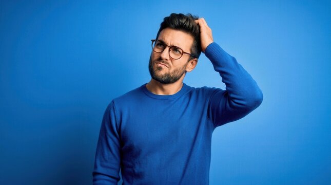 Handsome young man with beard and glasses wearing a casual sweater over a blue background, thinking with hand on head in a pensive, uncertain mood.
