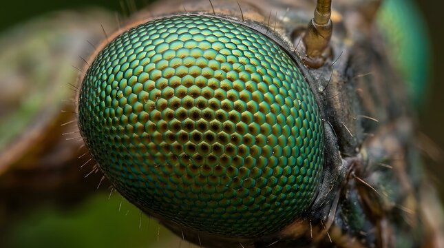 Green compound eye of a dragonfly showcasing the complex structure of insect vision which reveals the hexagon patterns reflecting natural light in an outdoor environment during a summer sunny