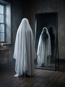 Spooky person in a white sheet ghost costume looking into a large mirror in a dark haunted room
