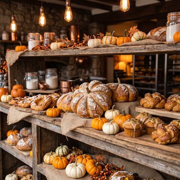 Freshly baked pumpkin shaped artisan bread and pastries displayed on rustic wooden shelves with autumn pumpkins