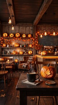 Steaming hot coffee in a mug on a rustic table with a carved pumpkin inside a cozy Halloween cafe