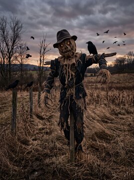Scary scarecrow with a sackcloth head, glowing eyes, and black crows in a desolate autumn field at twilight