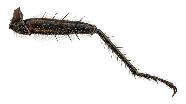 Macro view showing a segmented grasshopper limb with sharp bristles and a jointed structure typical for insect anatomy showcasing the biological features of this wild creature in a scientific