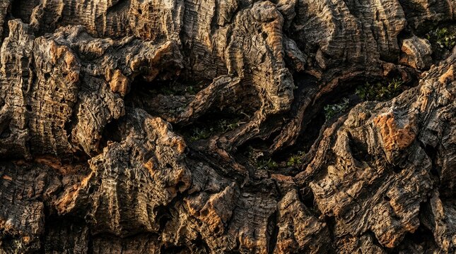 Detailed macro texture of natural cork oak tree bark with deep ridges and organic patterns.