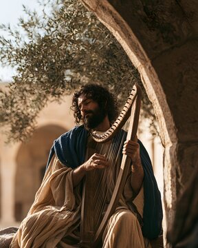A bearded man in ancient robes playing a harp outdoors under an olive tree
