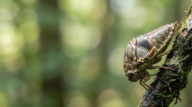 A shed cicada exoskeleton clings onto a mossy tree branch inside a temperate forest during the summer season as the creature prepares for its transformation into an adult flying insect specimen