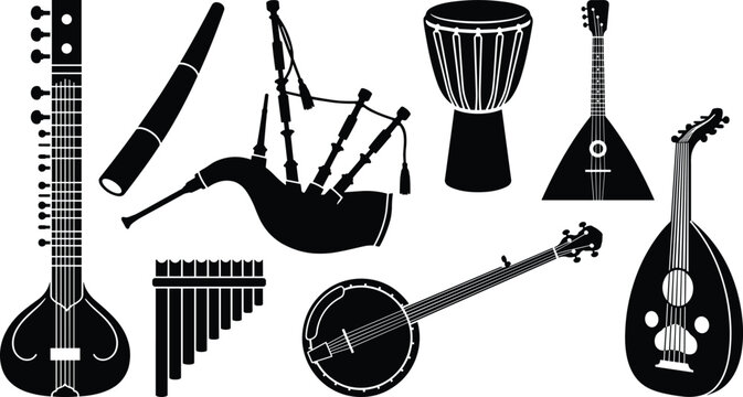 Set of traditional world musical instruments black silhouette icons featuring sitar bagpipes banjo drum and balalaika