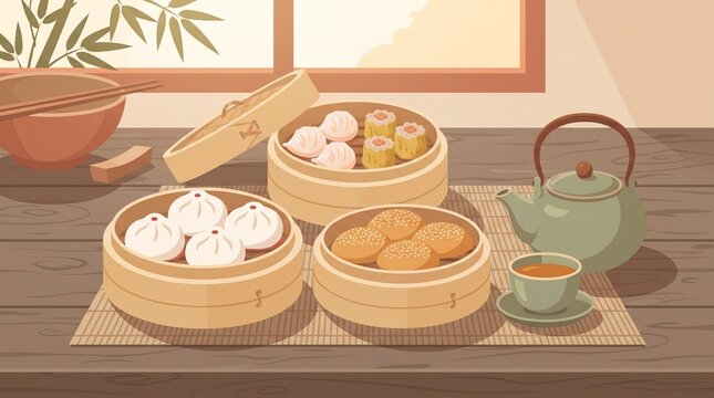 Traditional Chinese dim sum tea set with bamboo steamers, dumplings, buns, sesame pastries and ceramic teapot in warm flat illustration.
