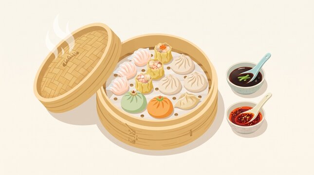 Assorted Chinese dim sum in a bamboo steamer featuring dumplings, siu mai and shrimp har gow, presented in colorful flat style for restaurant menus.