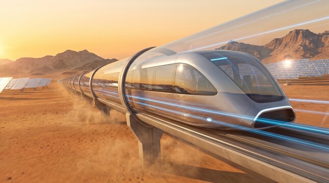 High speed Futuristic Train Traveling in a Transparent Tube Through a Desert with Solar Power