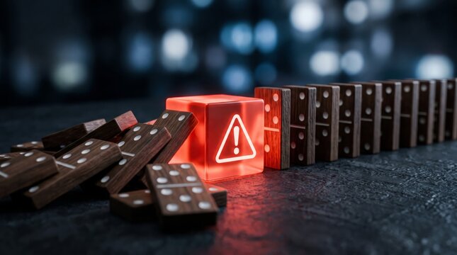 Glowing red cube featuring an alert warning symbol stops a line of falling dark wooden dominoes in dramatic studio lighting