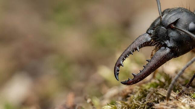 A fierce black termite soldier guards the colony nest showing sharp mandibles ready for defense against predators in the wild nature environment during the sunny daylight hours in a forest