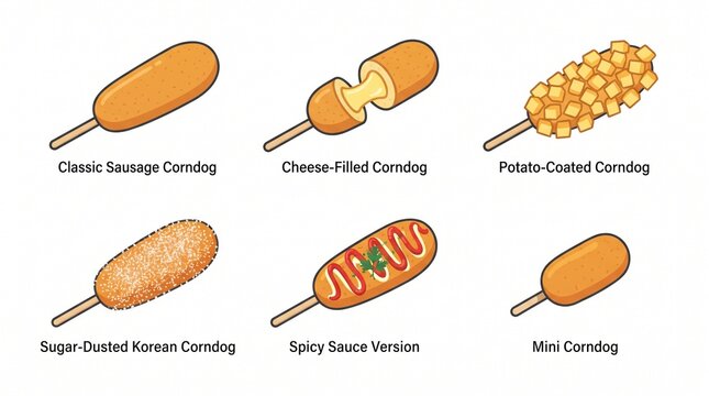 Collection of Korean corndog variations including cheese, potato, spicy sauce and classic sausage, clean flat food icon set.