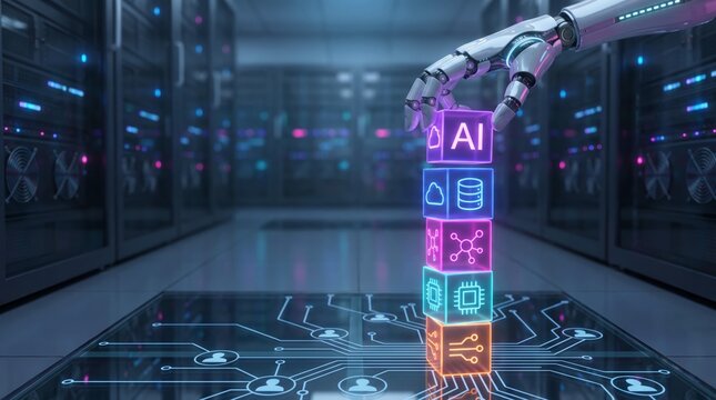 Robotic hand stacks glowing translucent cubes featuring diverse technology icons in a sophisticated high resolution futuristic digital processing server room