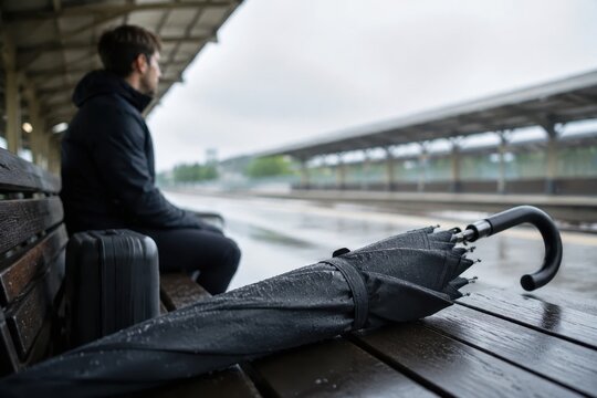 I find myself patiently waiting at the bustling train station, rain pouring down, my suitcase close by and an umbrella ready for shelter