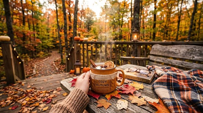 Cozy autumn background with leaves and warm drink