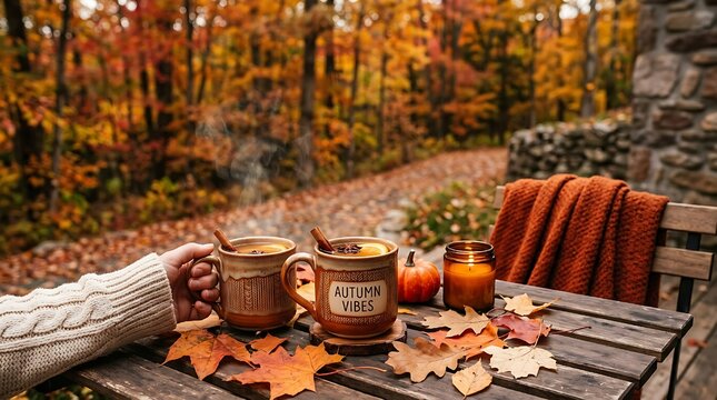 Cozy autumn background with leaves and warm drink