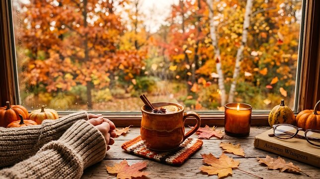 Cozy autumn background with leaves and warm drink