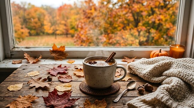Cozy autumn background with leaves and warm drink