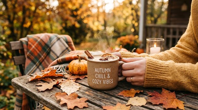 Cozy autumn background with leaves and warm drink